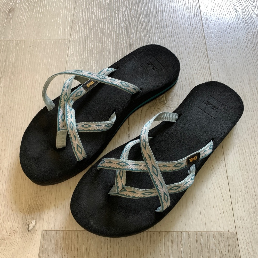 Teva Olowahu Black Blue Geometric Strappy Mush Flip Flop Sandals Womens 9 6840